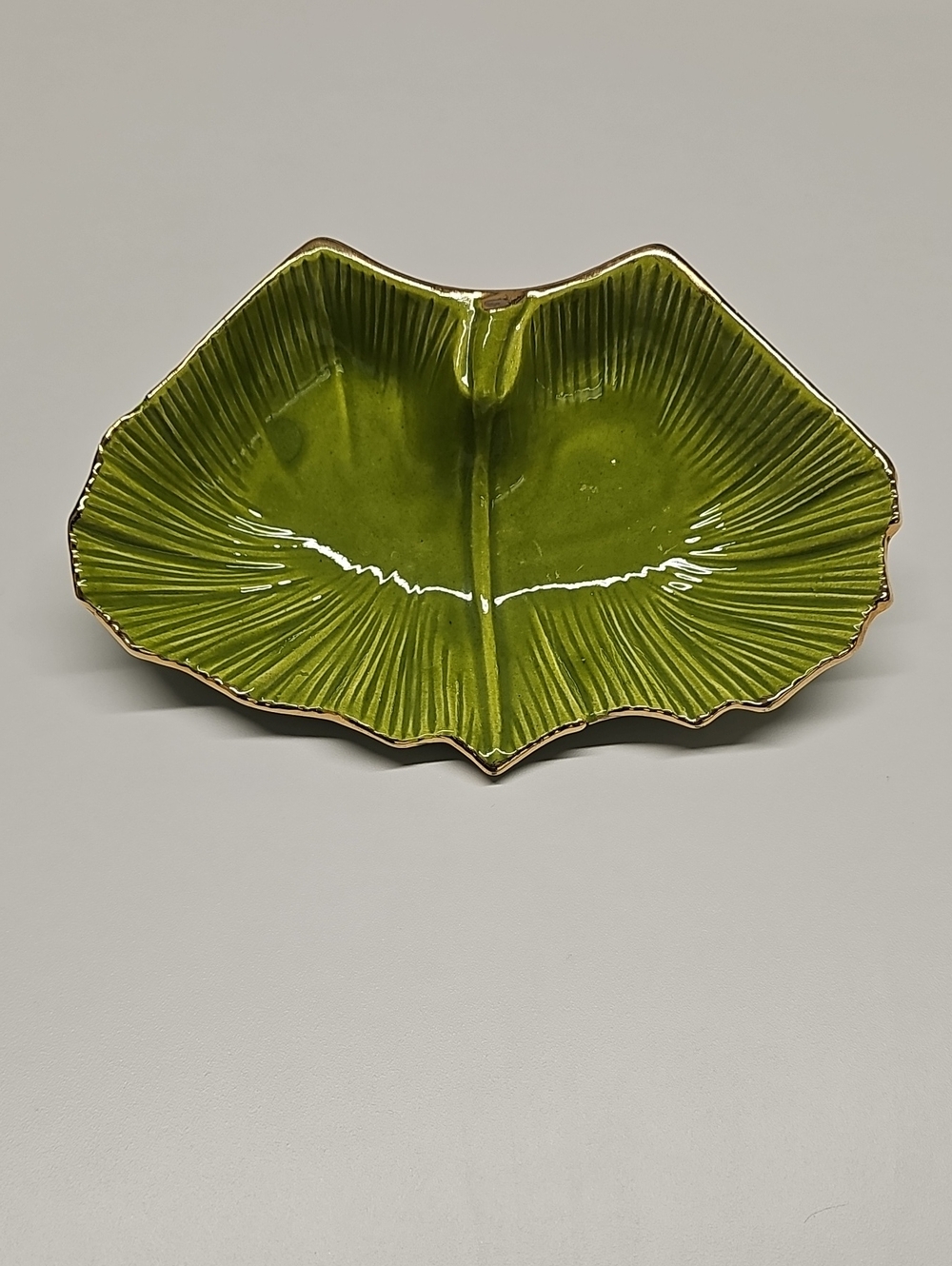 Vintage & Rare MCM California Pottery Leaf Shaped Dish Elegant Gold-Trim Edges